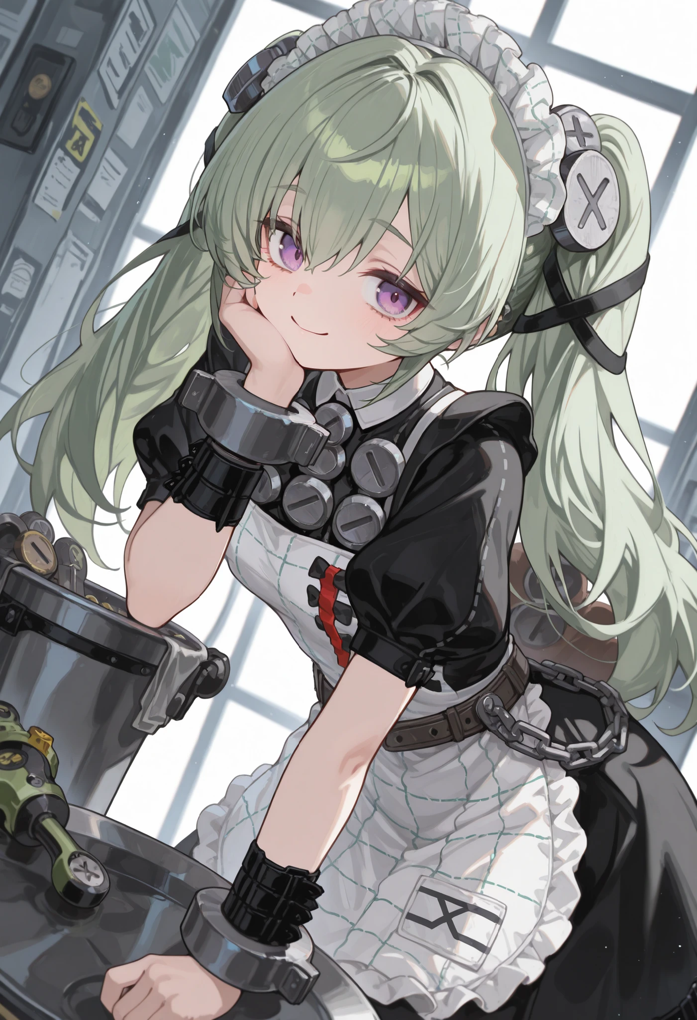 masterpiece,perfect anatomy,high resolution, ultra-detailed,dutch angle,absurdres,long hair, green hair, twintails, purple eyes, screw hair ornament, maid, maid headdress, maid unifrom, screw, apron, wristbands, shackles, short sleeves, puffy sleeves, belt, chain,smile,