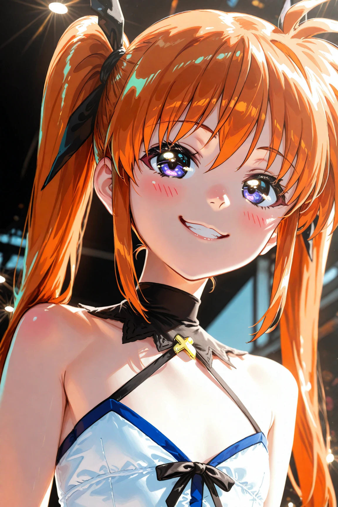 (masterpiece, best quality:1.2), extremely detailed, detailed hair, intricate details, finely detailed, [[soft lighting, volumetric lighting]], 1girl, (solo:1.2), looking at viewer, upper body, hands on own chest , squatting , large breasts , (crop top, striped thighhighs, gloves), (single hair intake,hair up ,curly hair, hime cut , high ponytail ,mohawk,), smile, sweat,, blush , (dark skin), (Dystopian Cityscape Crater Lake,Underwater Cave), <lora:fueV4LOL-000005:1>,