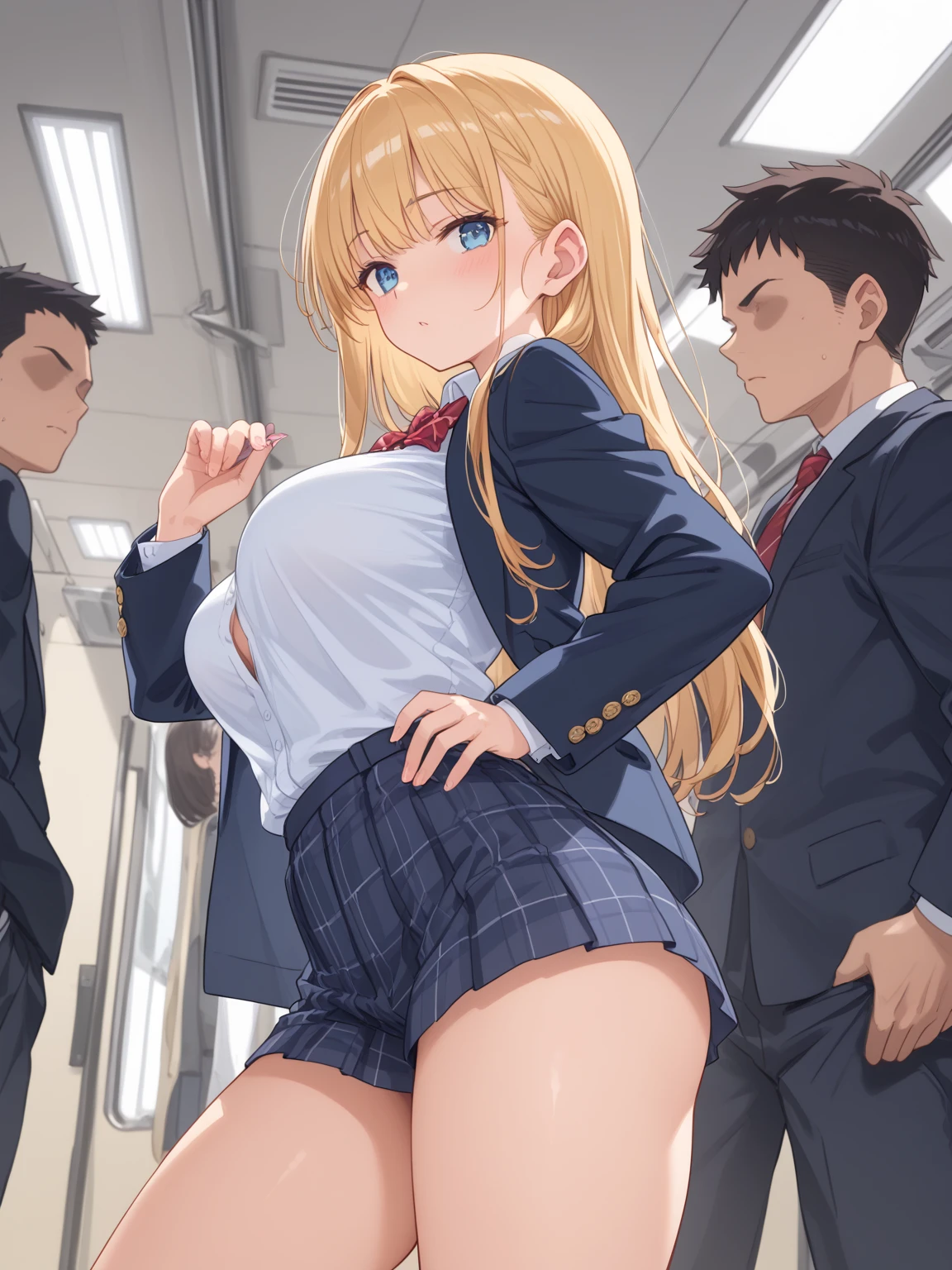 NSFW,1 girl,darkness、（Yellow Hair：1.5）、Long Hair、（Red Eye：1.5）、（hair ornaments：1.2）、Two Side Up、cropped,Micro Mini Skirt,(Perfect hands),(Perfect ???????),(masterpiece),(highest quality),Embarrassed,blush,Clenched teeth,Inside a crowded train,(Being molested:1.5),1 middle-aged male,Man standing behind