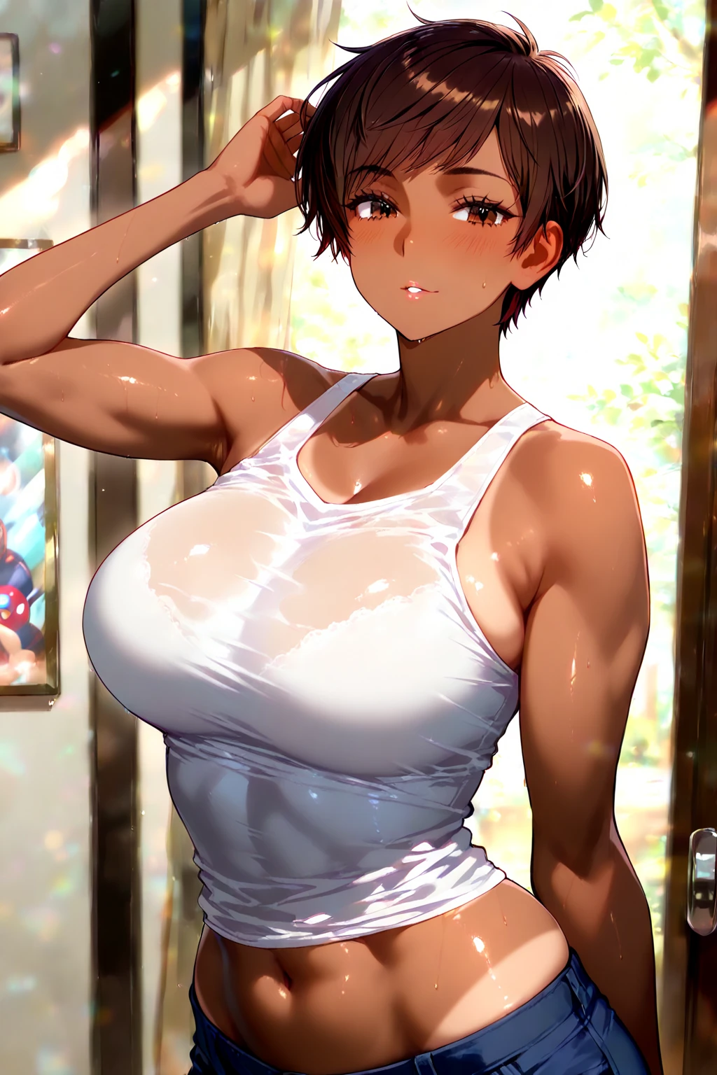 one woman, long brown hair, hair tied up, deep v-cut, e-cup boobs, perky , hard nipples, muscular, big butt, ultra-detailed, detailed face, thick lips, one mouth wide open, looking down throat