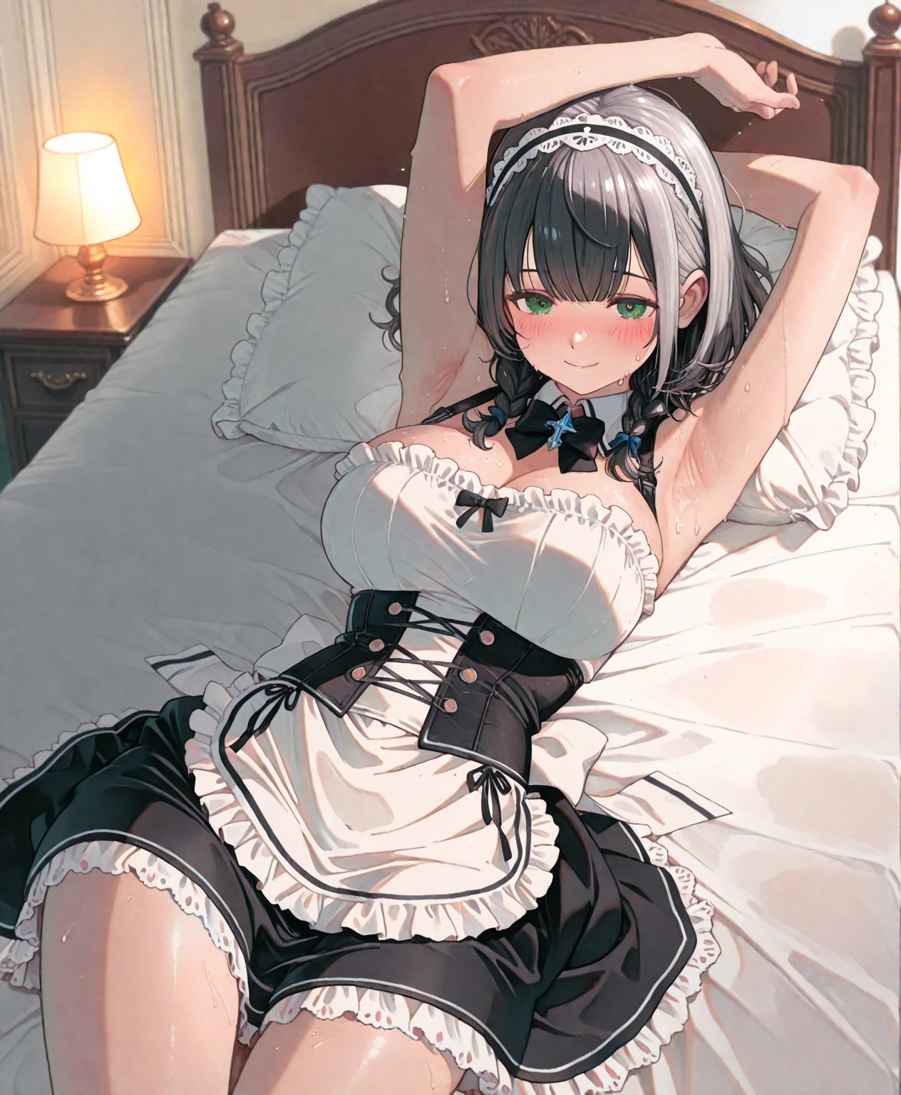 masterpiece, top-quality, Detailed details, Detailed landscapes, beatiful lights, Beautiful Shadows,girl with,(large full breasts)、((lying back)),(laying on back),((Bare legged)),sixteen years old,((innocent smiles)),Black eyes,a miniskirt,Slit skirt,(((maid clothes))),((No Underwear)), detailed skin textures, Tyndall effect,mansion,mansion,Bedroom,(Antique bed)