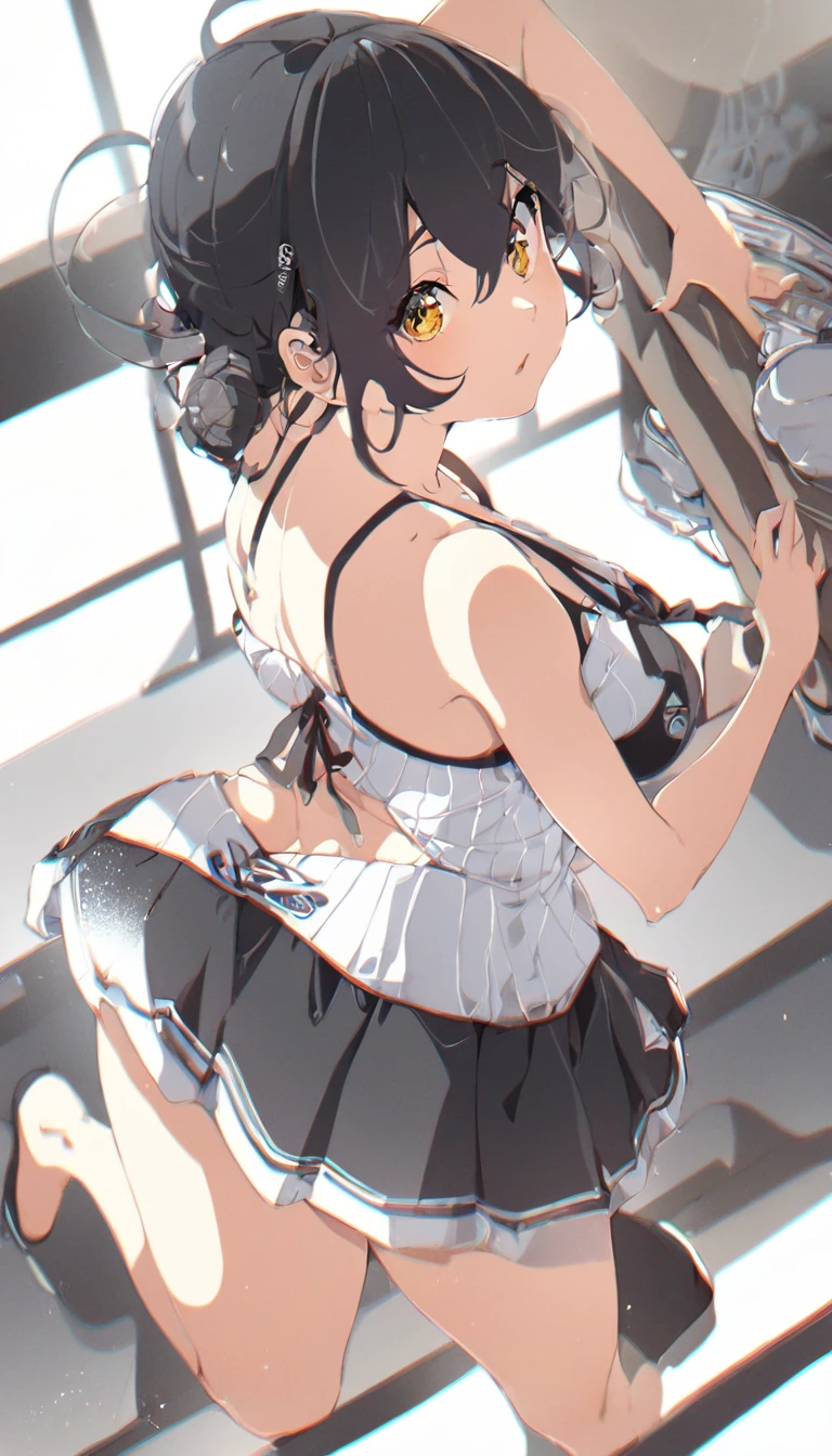 (Raw photo,hightquality,High Quality)、A girl who sticks out her big butt,sexy facial expression,Breast size:1.5,(Wearing revealing bondage clothing)、(photographed from the back),(Looking at Viewer),(Shot from bottom to top),Cinematic lighting,FULL BODYSHOT、The background is a classroom