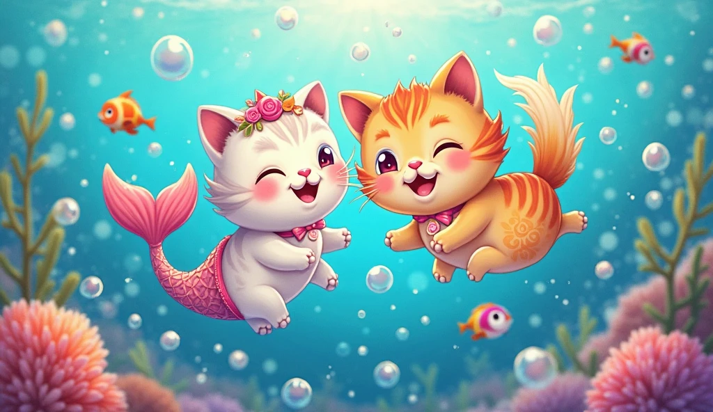 A couple of kittens ( both mermaids and the male wears round glasses,THE FEMALE DOES NOT WEAR GLASSES and she wears a blue dress with glitter and a bright blue mermaid tail too and they both have mermaid tails ) swimming in the ocean eating shellfish biscuits, the environment has a community of mermaids, kittens and is well lit, magical and brilliant, with several corals being mermaid homes