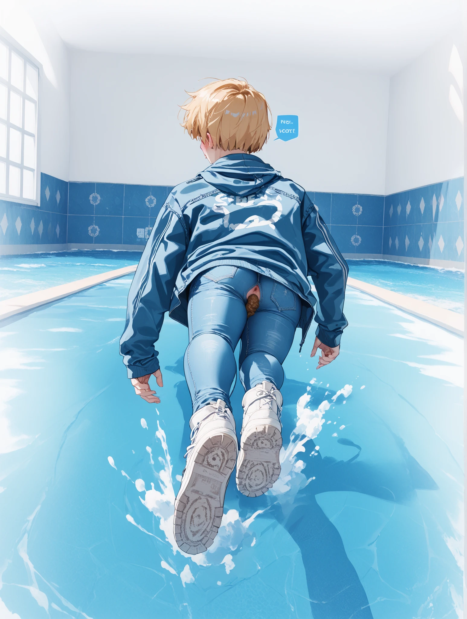 score_9, score_8_up, score_7_up, best quality, on the beach Slim sporty boy 1boy, wearing hoodie, 1boy, (is lying, Legs lowered :1.1), (((Panty Poop ,nsfw)), internal, 1boy, blonde hair, (short bob, crew cut,),, wide shoulder ,thin waist, wide hips, break, (a pair of light blue skin tight leggings jeans:1.8), (white dirty knee high laced up sneakers x-hi:1.5) (((jeans hole Poop ,nsfw, ass with poop))), spread legs. A hard piece of excrement protrudes from a small hole between the back pockets of his jeans. ,shitting scat,shit,blush,asshole
