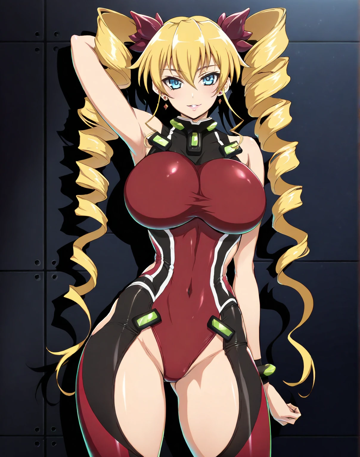 Young girl, long blonde hair, cyan eyes, red ninja shape, inner sideboob, dragon, smirk, masterpiece, high quality