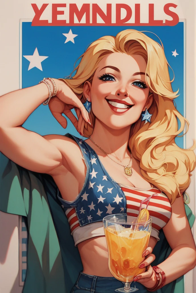 The image is of Harley Quinn lighting up a firework-filled donut and taking a big bite, with sparks flying out in all directions.,Batman: The Animated Series,[Appearance= "Blonde Hair in Pigtails", "Tight Tank Top and Spandex Shorts", "Pale Complexion", "Vibrant Blue Eyes"], female