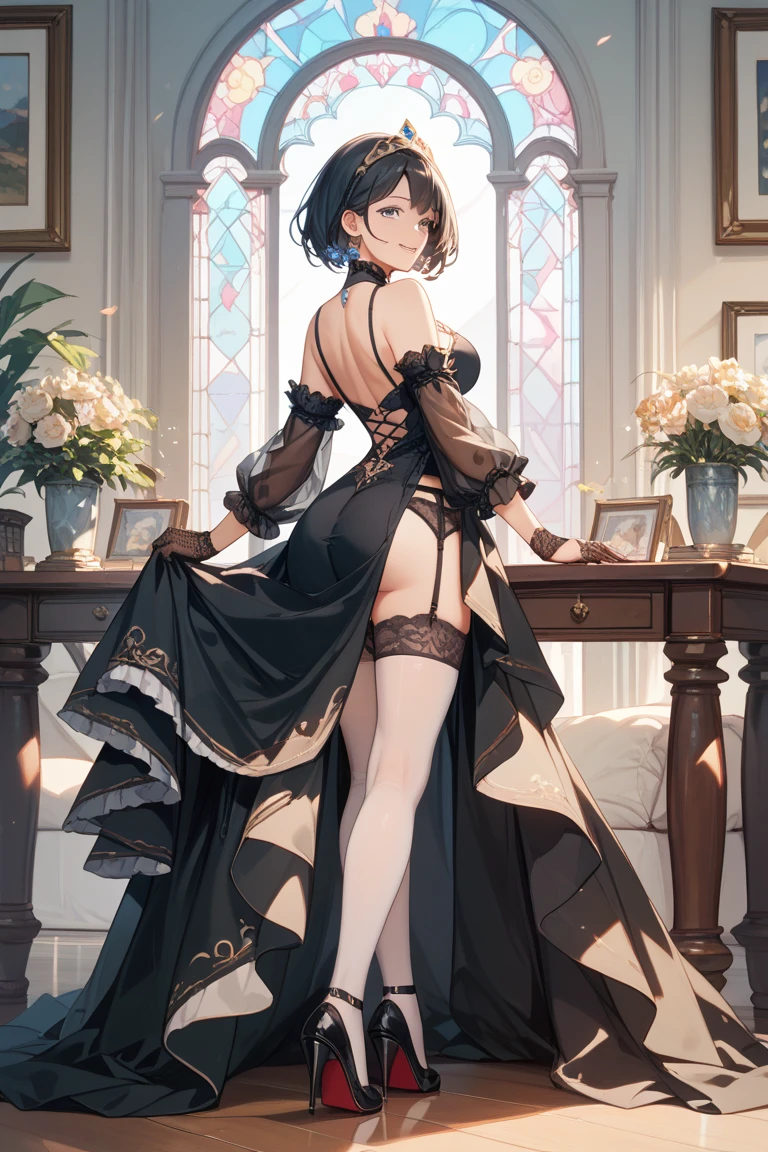 Official Art, Masterpiece European female face,elvish, short hair, chestnut brown hair , brown eyes , Flower Frame ,Decorative panel , jugendstil , (masterpiece、top-quality、hight resolution: 1.4),in 8K, Drawing of a woman with short chestnut brown hair and a crown, Anime Art Nouveau, highly detailed exquisite fanart, anime fantasy illustration, clean detailed anime art, detailed anime art, Sharp Focus, Delicate Beautiful Hair and Eyes and Face, realisitic, ultra-detailliert, a beauty girl,A slender, Pretty breasts and buttocks、Dynamic hair、Detailed cestnut brown hair