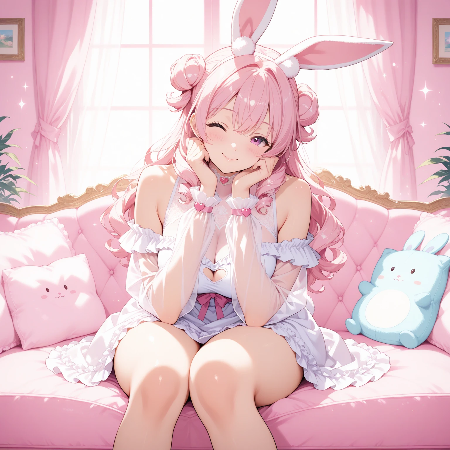 Rabbit Mimi、Chibi Elf Pink Room、Relaxing in a cute room、A big smile