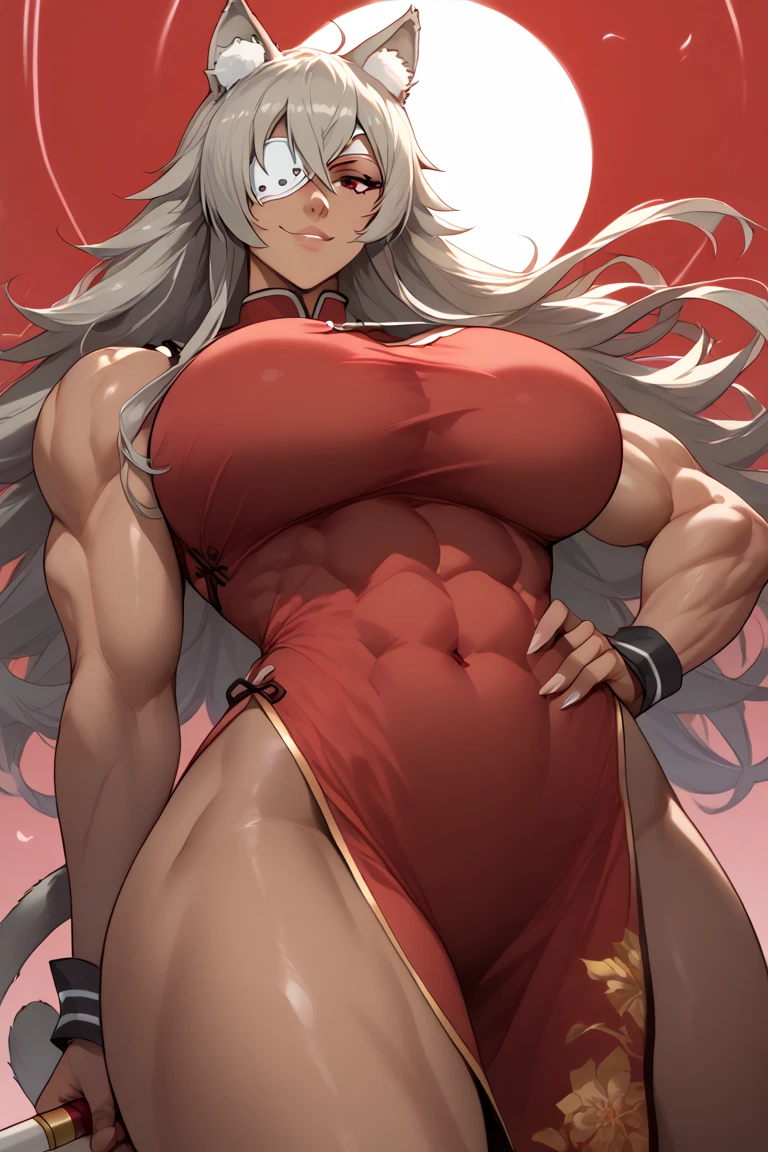 masterpiece, best quality, pov, 1girl, heart-shaped chocolate, grey hair,  long hair, chocolate, holding with two hands, dripping, surprised, [wide-eyed], wavy mouth, closed mouth, blush, dragon girl, gold trim, dragon horns, horns, dragon tail, quipao, cheongasm, gloves, fingerless gloves, red dress, (cleavage cutout, cleavage:0.25), long hair, looking at viewer, chinese dress, east asian architecture, outdoors, torii, bridge, upper body shot, heart ahoge, fingernails, wide hips, (hot, sweat:1.1), black thighhighs, chocolate on body, scales, jewelry,anime character with huge breasts and big muscles posing for a picture, oppai, oppai proportions, thicc, powerful and huge, biomechanical oppai, big arms, big muscle, heavy detailedig biceps, massive muscles