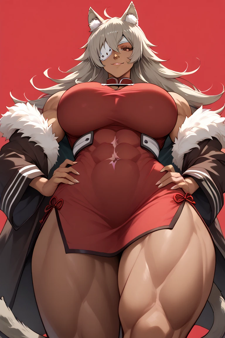 Bridesmaid Muscular White hair White braid Blind Smile Big breasts Maternal Porcelain skin Long hair Navel Abs Direct gaze Oni horns Perfect lighting Masterpiece High quality