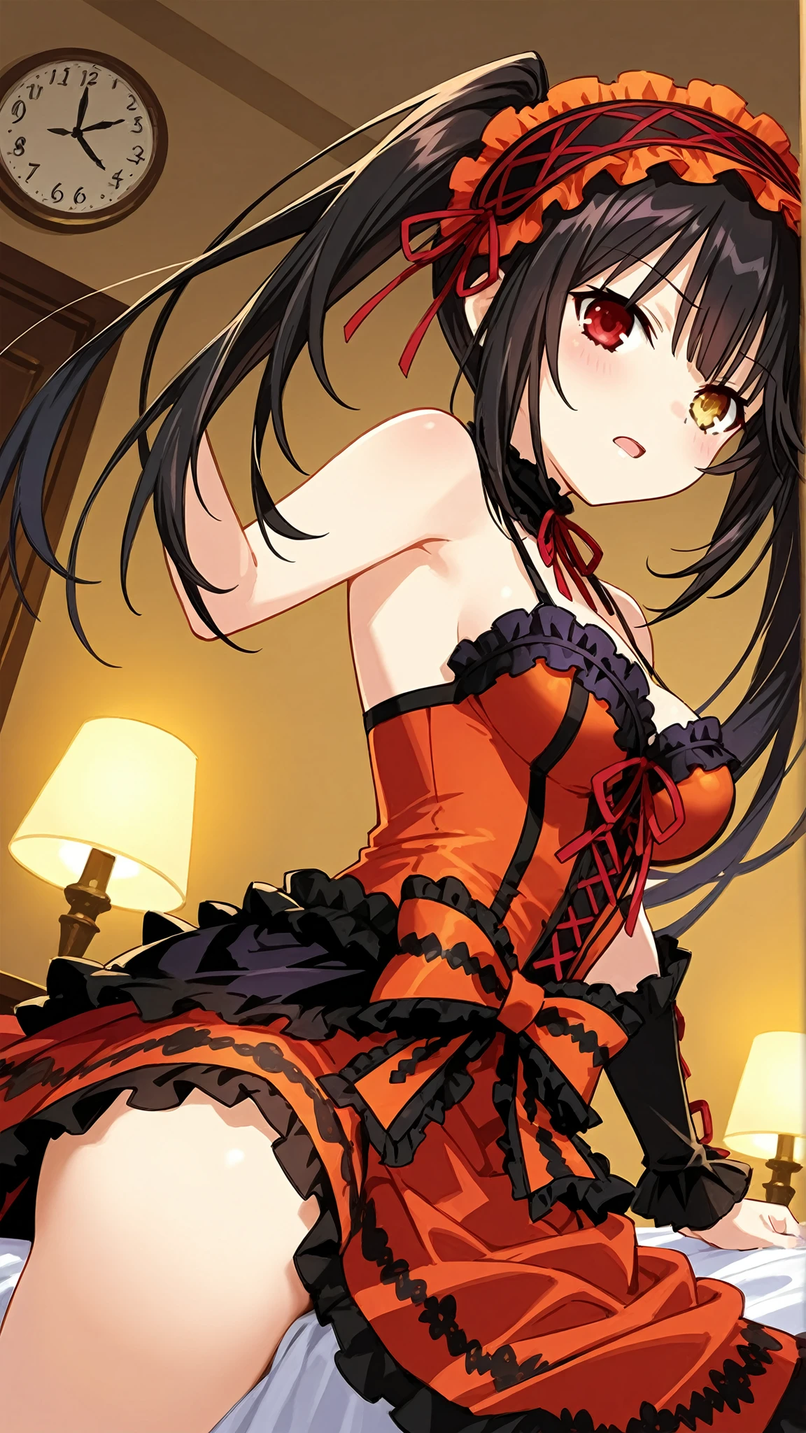Anime, Kurumi tokisaki del anime date a live, heterochromia, pechos medianos, primer plano, posando, bocacerrada sonriendo, detallado, face of shame, Alta calidad, obra maestra, crimson red right eye, ojos izquiero color amarillo dorado intenso, labios pintados, traje astral, coletas
