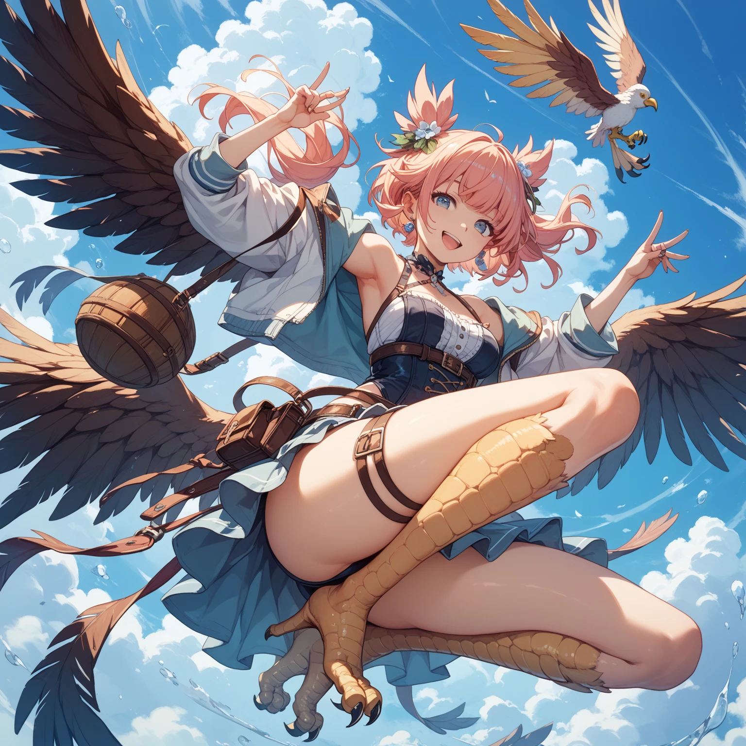 In this image, a girl finds herself on the back of a giant bird, crossing the skies in a scene of pure freedom and lightness. The majestic bird flies with grace and fluidity, its wings spread in mid-flight. The girl, with outstretched arms and a radiant smile, seems to be completely enveloped by the feeling of euphoria and joy that the experience provides. It is a visual representation of the ability to overcome limitations and rise above difficulties, finding joy and freedom even in challenging times.