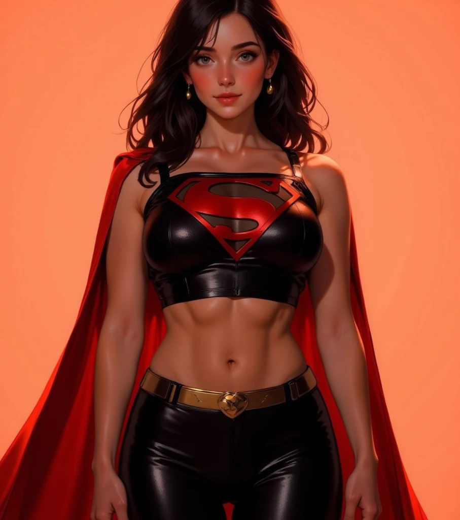 (best quality,4k,8k,highres,masterpiece:1.2),ultra-detailed,(realistic,photorealistic,photo-realistic:1.37), vivid colors, bokeh, HDR, studio lighting, extreme detail description, physically-based rendering, ultra-fine painting, sharp focus, professional, portraits, sexy supergirl, beautiful detailed eyes, beautiful detailed lips, green eyes, shoulder length  black hair, black and silver outfit, red cape with a midriff, , UHD 8K