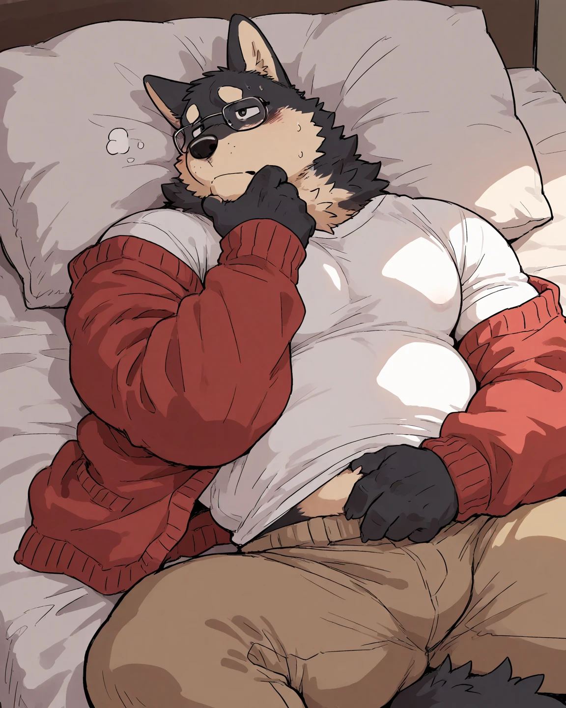 Alone, male, Anthro (striped hyena), by tritscrits, (by botch:0.7), digitigrade, digital artwork, (flat colors:1.3), striped hyena tail, mature male, sexy, ((bed bottom )), athletic, gray fur, looking at camera lying on the bed with sexy face waiting for the viewer invited to stay with him . La hiena usa un collar y una correa sexy para hombres y esta mirando al espectadpr con una cara trabiesa sacando la lengua con el bulto grande
