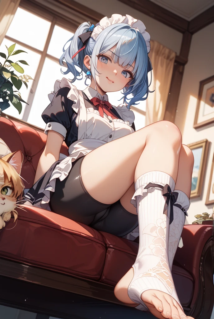 1 girl, anime style, full body, cat ear band, (blue hair), (short hair), smile, flush, blue eyes, blazer, (plain white shirt), (red bow tie), (red checked skirt), (black stockings), absolute area, high quality, best quality, highlight thighs, stand, paw pose