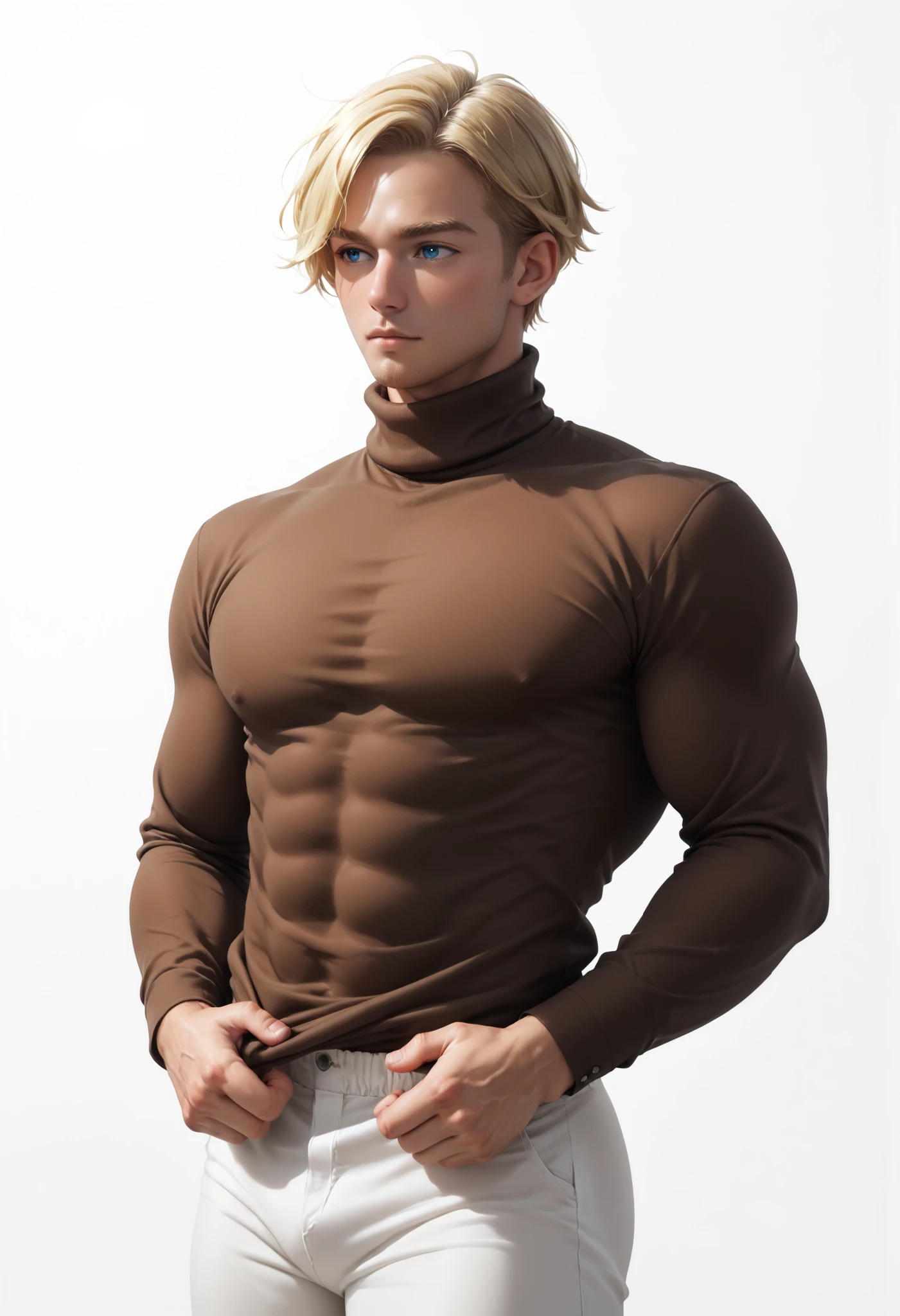 Handsome ((Realistic Male)) ((White background)) White skin ((american man)) ((1 man)) , (solo man) , rathing_questionable , blue eyes , Short hair(blonde hair:1.4) (Dark brown turtleneck long-sleeved shirt:1.4), (White pants:1.2) 1 girl, rathing_questionable ,score_9, score_8_up, score_7_up, (muscular:0.3) (very strong) ,