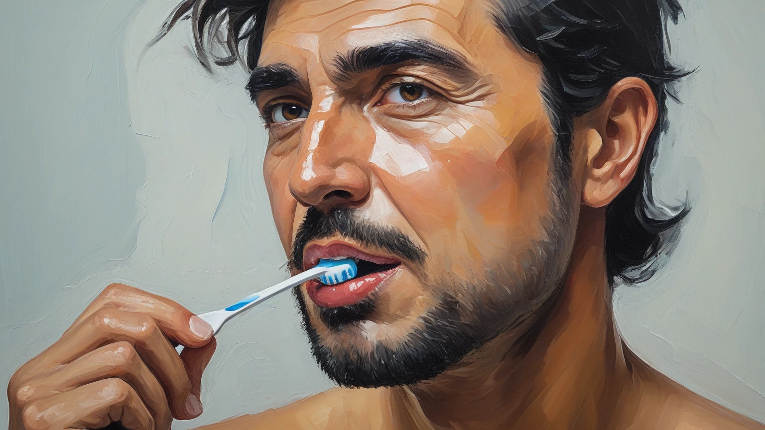 Turkish man, black hair and beard, dirty white tank top, smiles while putting on lipstick, in a dirty room, art inspired by Bill Sienkiewicz and Dave McKean
