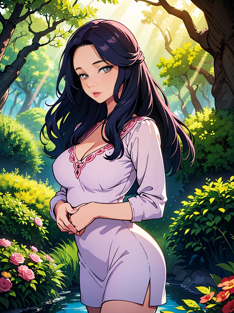 1girl, mature female, milf, garden, narrowed eyes, looking at viewer, hand on cheek, hair flower, blush, smile, parted lips, purple hair, jewelry, eyeshadow, purple nails, freckles, sundress, cowboy shot, long hair, mini skirt, top tank, pink panties, upskirt