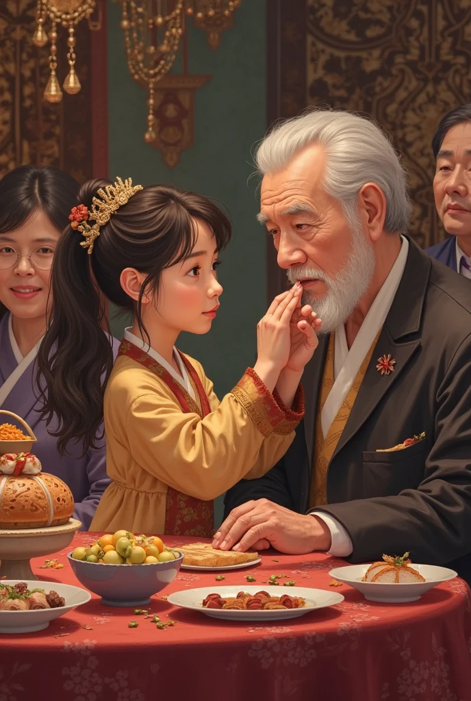 8K，tmasterpiece，Natural lighting，sitting before a table，Outdoor photography，sface focus，detailed face with，facial wrinkle，2 people，Sit face to face，Male elderly，White hair，Hairpins，Taoist costumes，Hanfu，5 year old boy