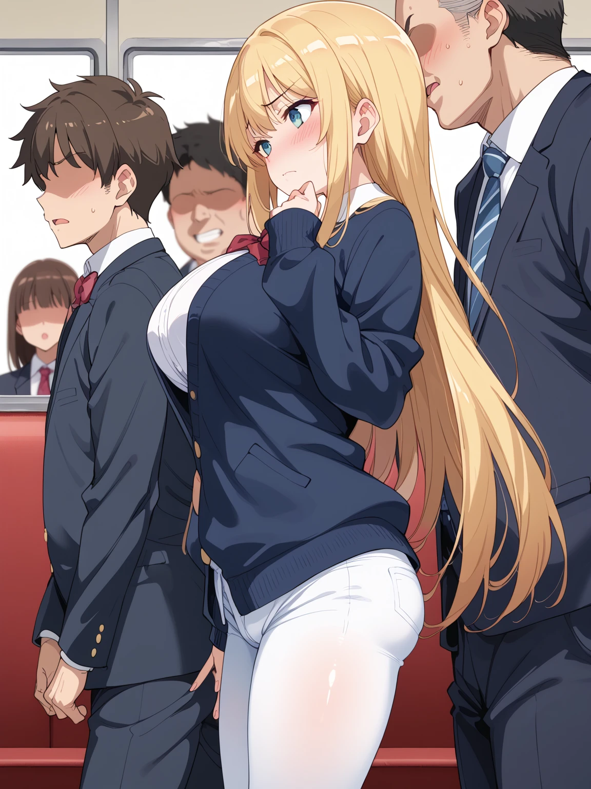 Get to grips, , 
High school girl grabbed by the buttocks on the train, 
, pleated skirt, 
Beautiful One Girl,
3 men, 
(molestation), 
Man grabbing girl's ass on train,
Man grabbing girl's chest on train,sex,score_9,score_8_up,score_7_up, best quality, masterpiece