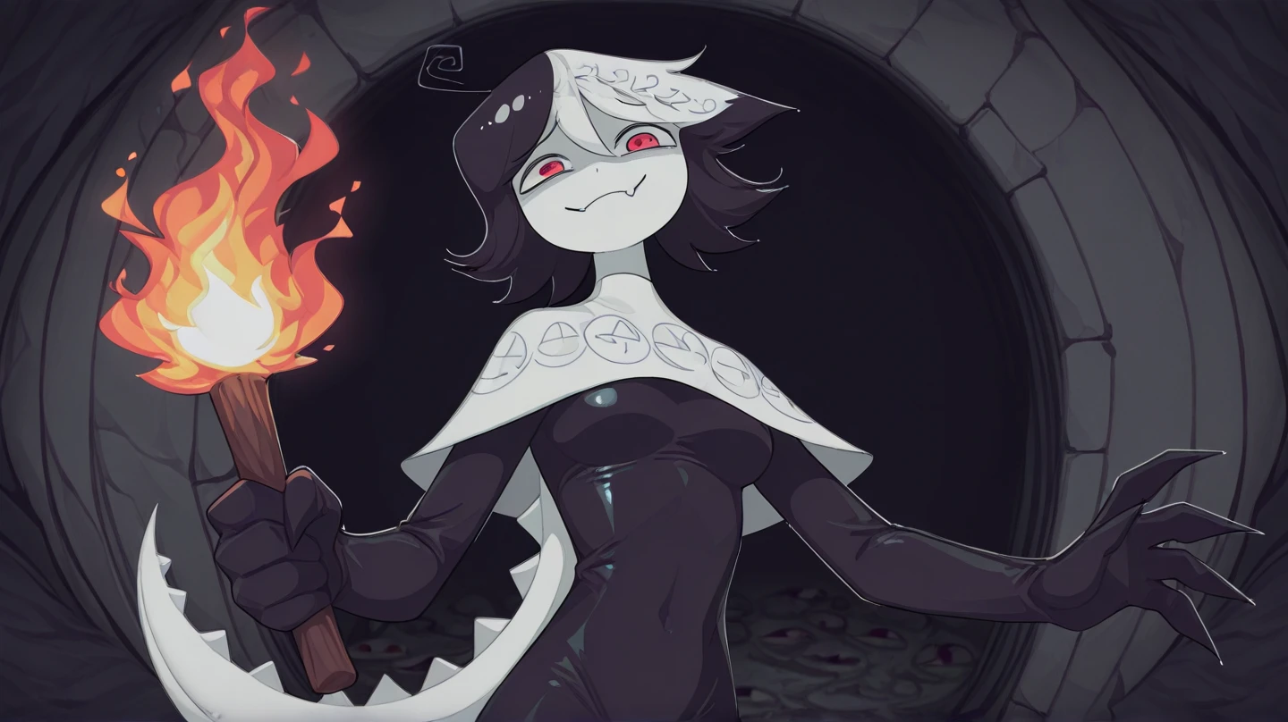 work of art, best qualityer, THE SILENT, darkskin, skull, face covered, black robe, bandages, tummy, bandaged legs, trunk, Breasts huge, thick-thighs, gazing at viewer, Bright dark, stone walls, Dungeonpunk, serious, From above