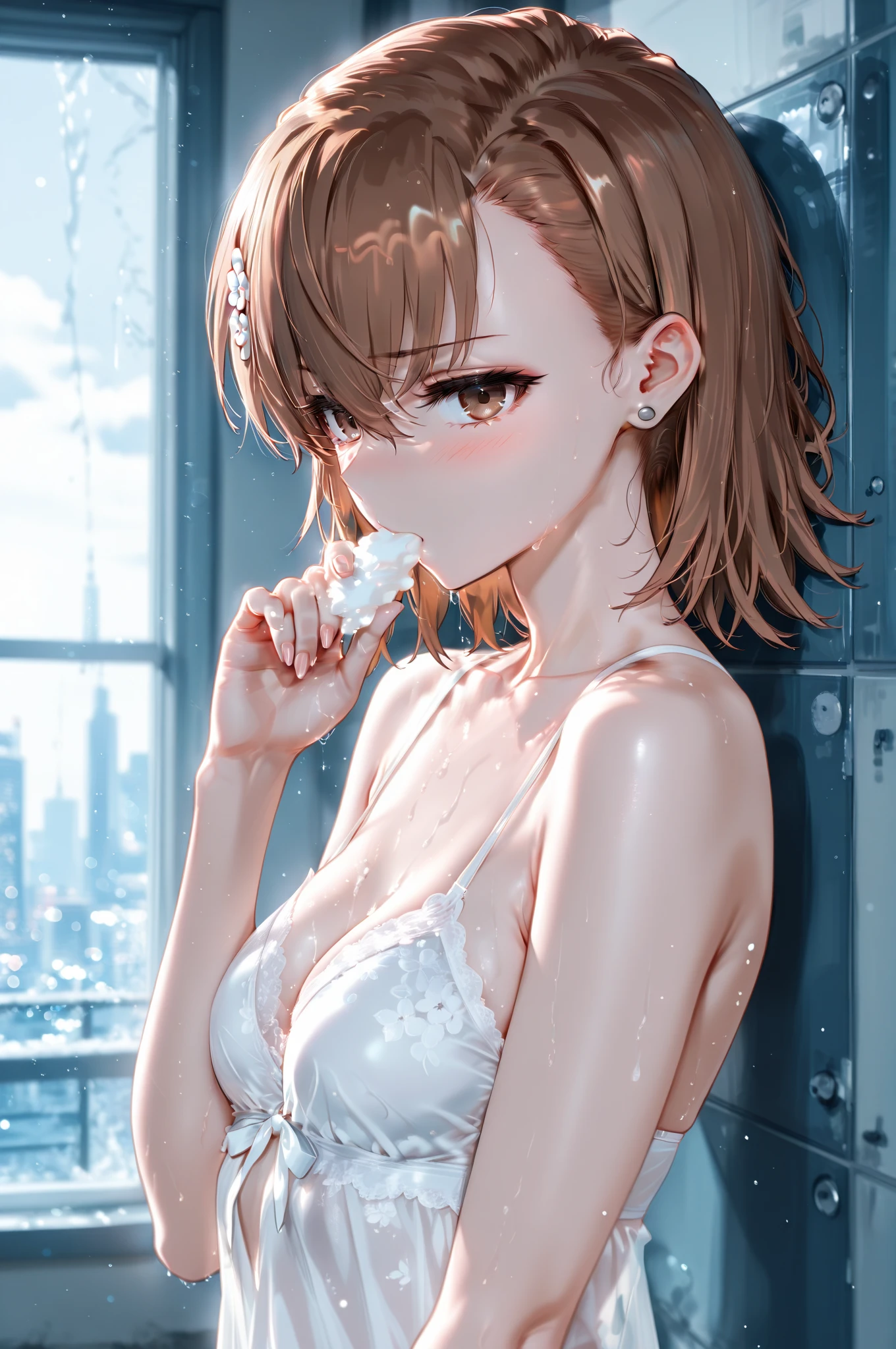 Masterpiece, Best Quality, Hi-Res, Misaka Mikoto Raise Your Arm Sweat Miwaki Armpit Sweat Super Wet Cute Lingerie Shameful Face