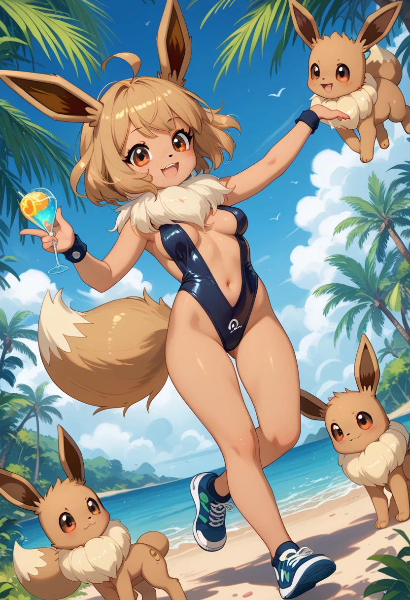 male/female duo, score_9,score_8_up,score_7_up, an anthro furry female eevee girl, white swimsuit, an anthro furry male eevee, standing, beach background.