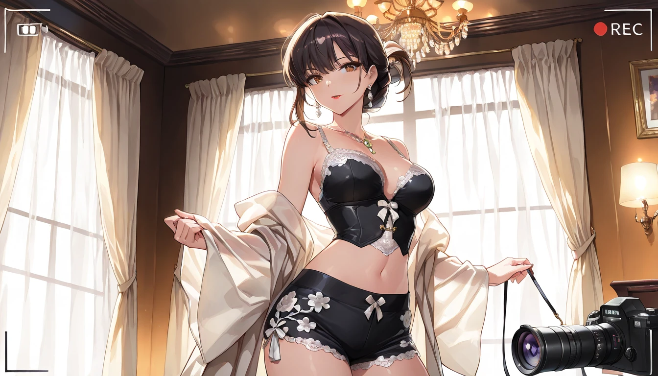 (highest qualityr: 1.3)、(obra maestra: 1.3)、(El ultra-detailliert: 1.3)、(muro-, una chica carece de sujetador:1.3)、(Mini falda acampanada negra:1.3)、(pantimedias marrones:1.3)、pajarita roja、(brown hair:1.3)、cabello mediano、poneyTail、(hermosos pechos grandes:1.3)、Lujosa sala de estar、smil、sexypose、Luxury sofa、ruboroso、Standing、elasticidad