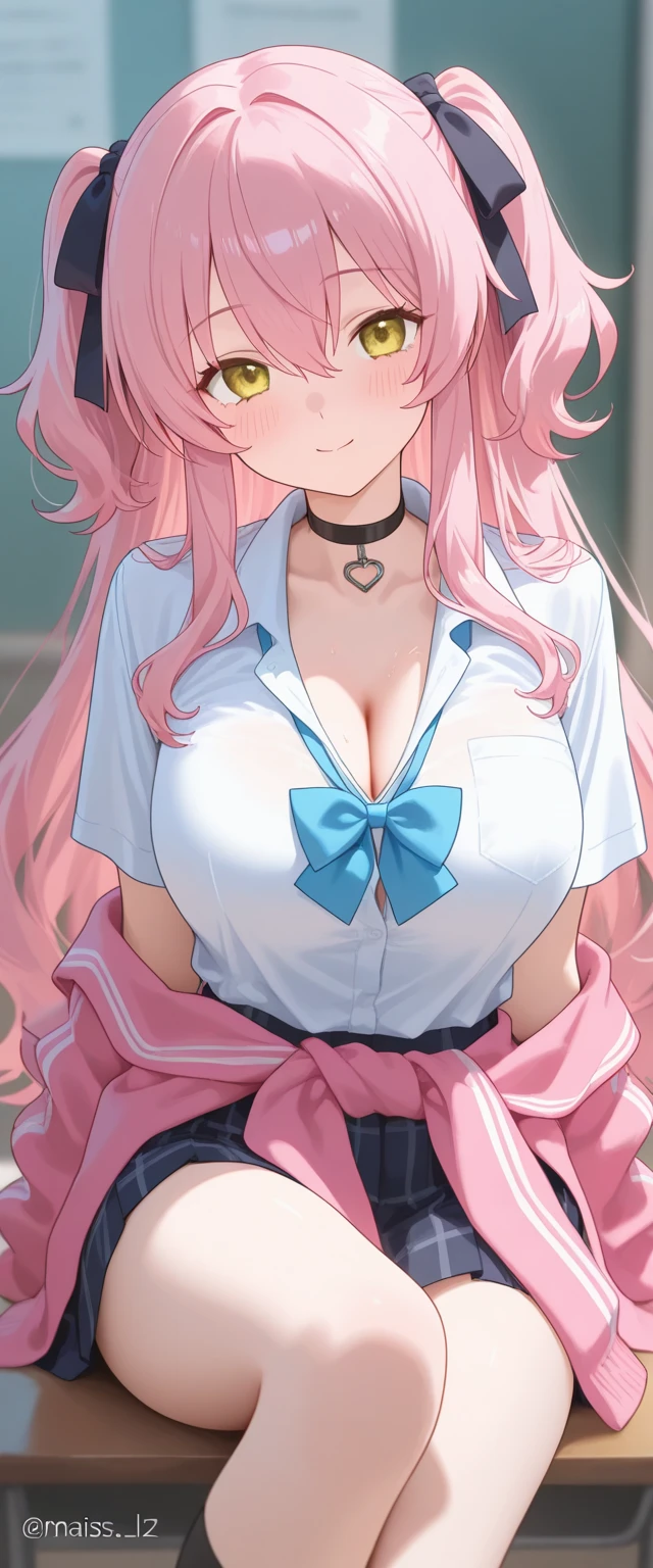(masterpiece、highest quality、Super detailed)、((1 girl))、Improve、((pink hair twintails))、light blue eyes、evil smile、((grin and laugh))、earrings、((very big breasts))、((white shirt))、open clothes、((black bikini))、((black pleated skirt))、((mini skirt))、leaning forward、cowboy shot、classroom background