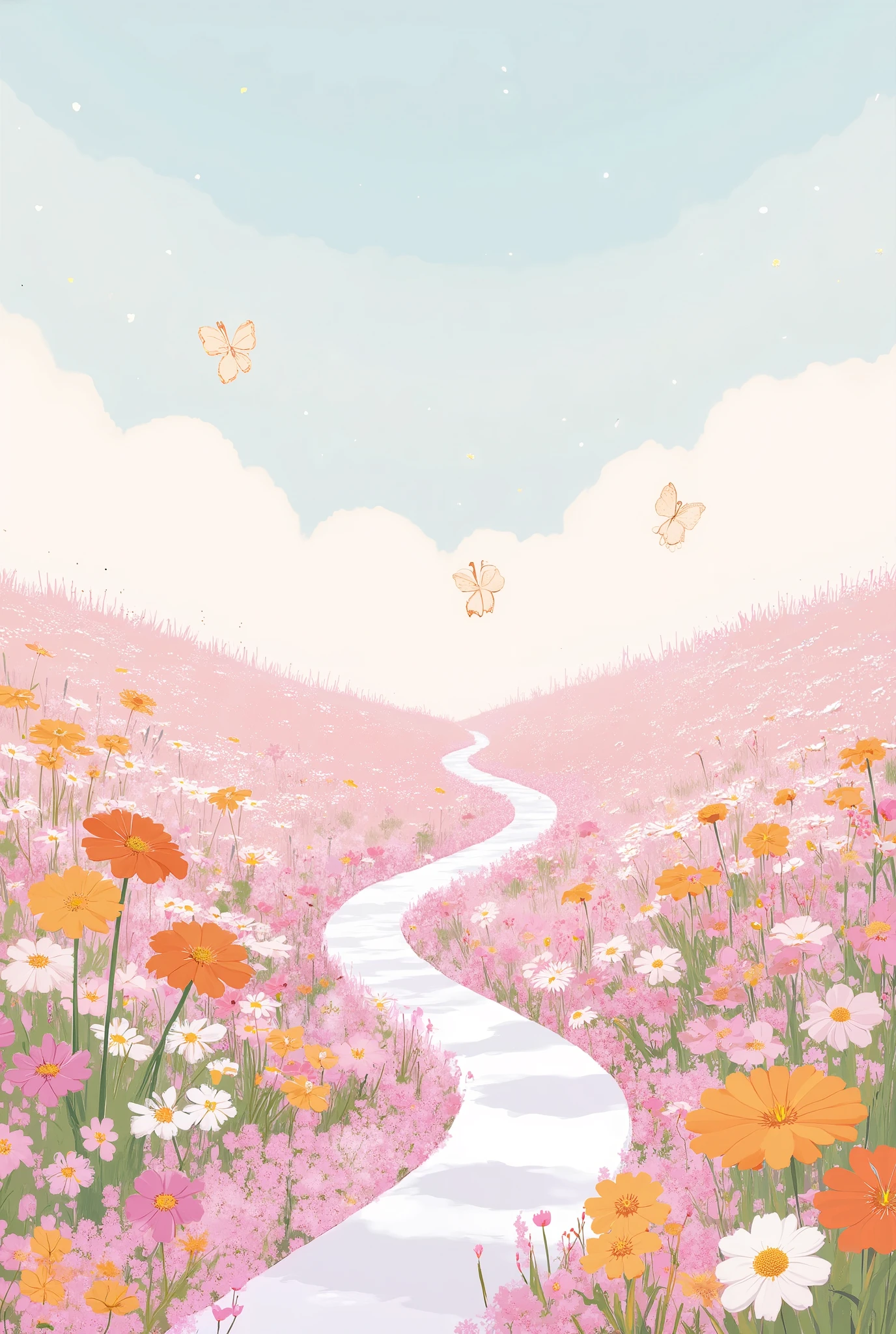 A whimsical and flat-style high-resolution illustration of a flower path. Dozens of flat, cartoon-like flowers in orange, pink, white, and yellow bloom from the bottom and form a winding, meandering flower trail that extends far upward into a soft pastel blue sky. The flower path gets smaller with distance, creating strong perspective. The sky background has a pastel gradient with scattered white dots and simple daisy-like flower icons floating gently. One or two soft yellow butterflies fly near the path. The overall composition is flat, simple, 2D, and clean with no shading — just solid bright colors and minimal textures, matching the cheerful, dreamy tone of a ren’s storybook. Ultra high resolution, 8K, exactly like the reference image.