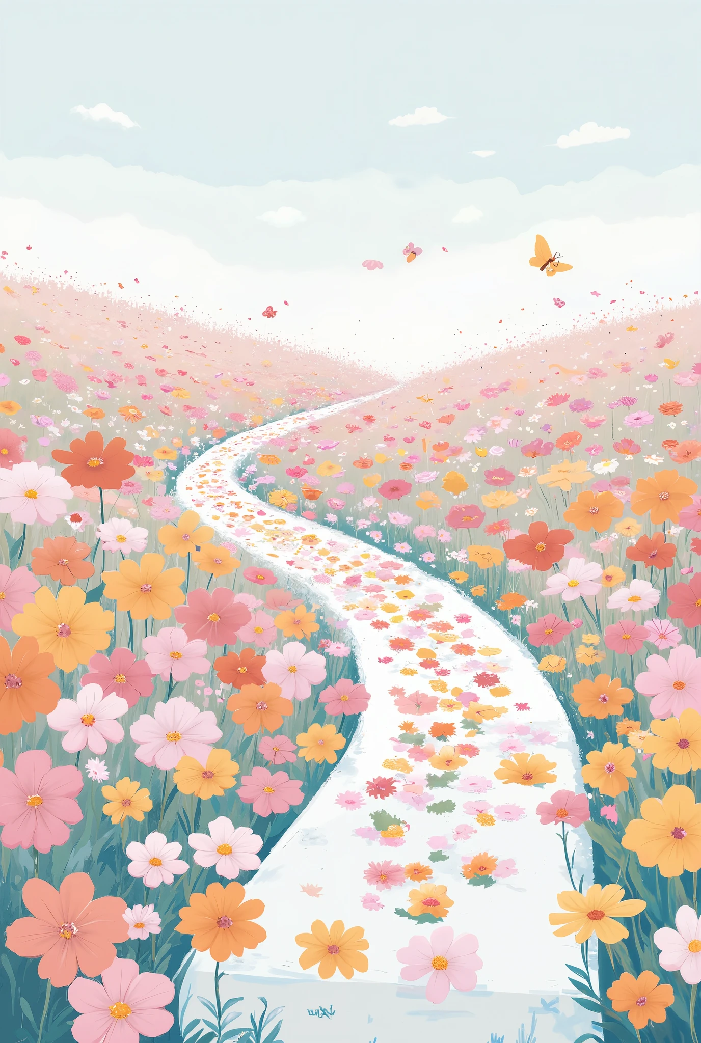 A whimsical and flat-style high-resolution illustration of a flower path. Dozens of flat, cartoon-like flowers in orange, pink, white, and yellow bloom from the bottom and form a winding, meandering flower trail that extends far upward into a soft pastel blue sky. The flower path gets smaller with distance, creating strong perspective. The sky background has a pastel gradient with scattered white dots and simple daisy-like flower icons floating gently. One or two soft yellow butterflies fly near the path. The overall composition is flat, simple, 2D, and clean with no shading — just solid bright colors and minimal textures, matching the cheerful, dreamy tone of a ren’s storybook. Ultra high resolution, 8K, exactly like the reference image.