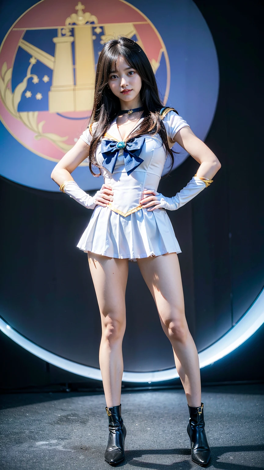 (8K、RAW Photos、Highest quality、masterpiece:1.2)、(Realistic、Realistic)、1 Girl、((Sailor Moon Costume:1.2、Thin legs、whole body、View from the front、smile、Looking into the camera、Stand with hands on hips))、cute、((The background is slums))