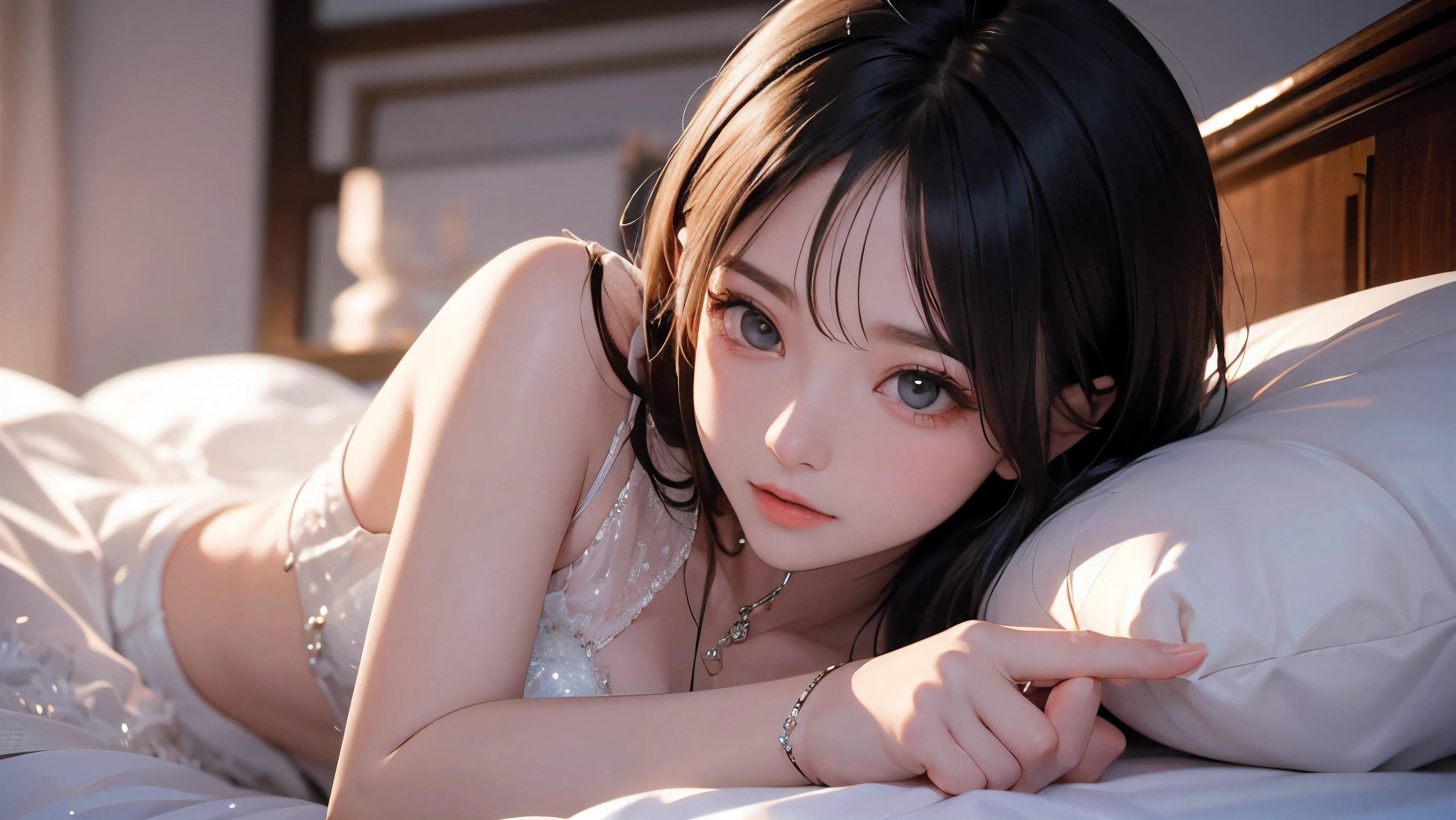 masutepiece of a young girl in one-piece orange lingerie, high resolution, lies on her back in bed, her long braids cascading down on the pillow, her eye glass placed beside her, her large full breasts subtly peeking out from the lingerie, a cute anime illustration capturing her innocent yet seductive expression. The detailed illustration showcases every curve and contour of her body, her skin radiating a natural glow beneath the soft bed sheets. With her eyes closed, she adds an alluring hint of vulnerability and tranquility to the scene.