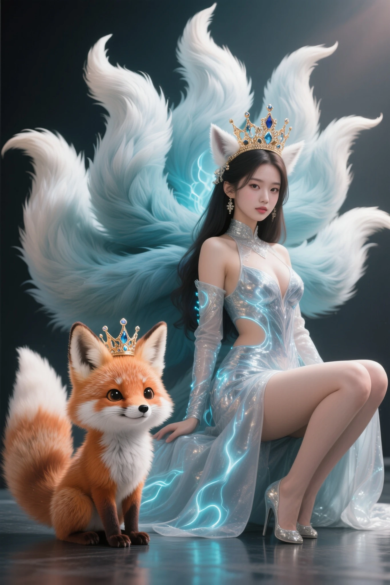 image of a nine-tailed fox and a Chinese classical woman, highlydetailed, reflections transparent iridescent colors, long transparent iridescent RGB hair, artby Serafleur from artstation, thick acrylic，made by jcv jquery, in surreal rendering style, futuristic glamour, wildlife photography, light beige and red, minimalist sculptor, celebrity image mashup, well lit scene lh