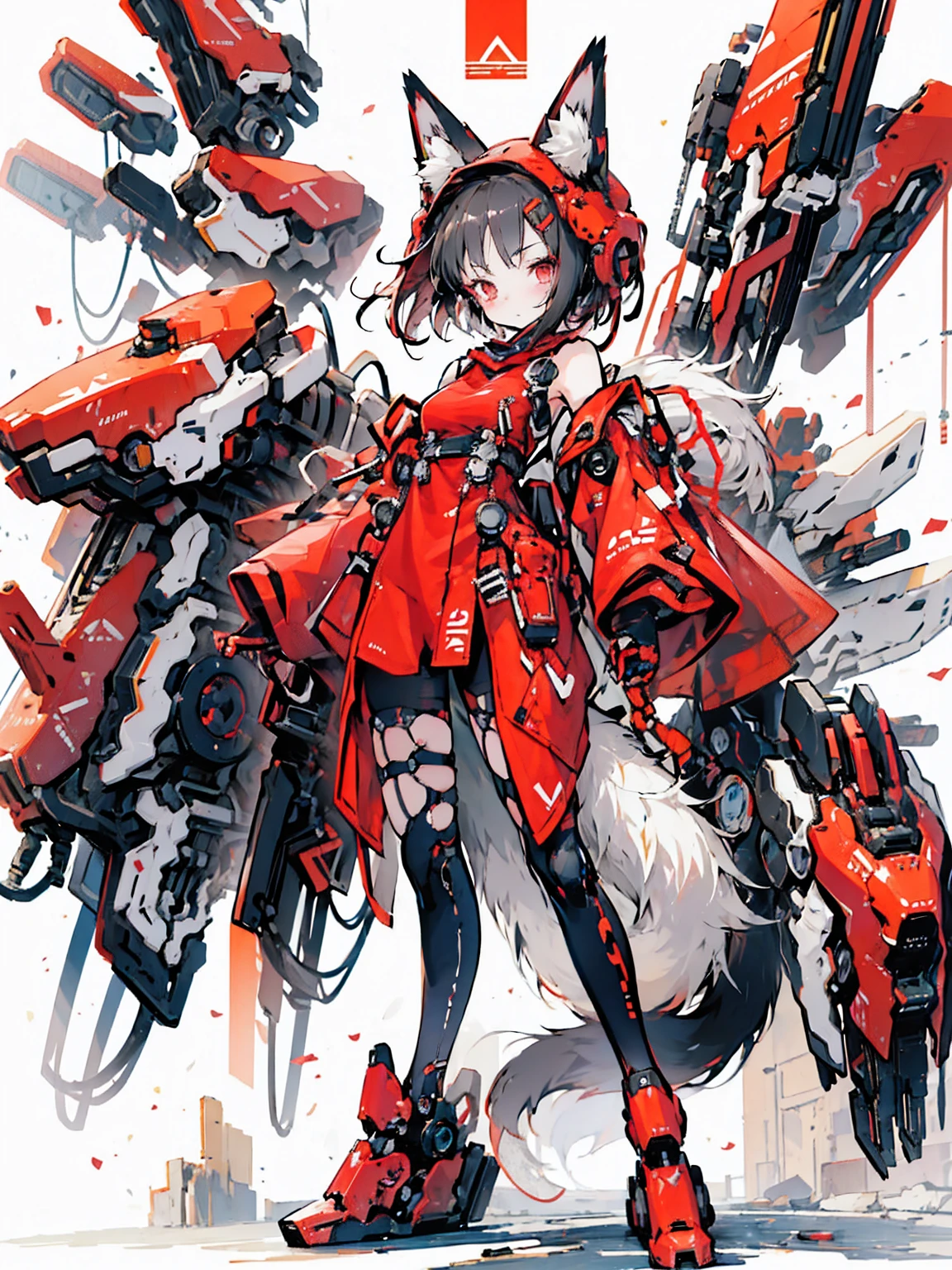 Masterpiece, intricate, anime style, full body, 1girl, rakkun, racoon girl, racoon ears, 1tail, fluffy tail, racoon tail, brown and light brown ringed tail, red and blue eyes blurred, short hair, red inner hair, brown hair, a strand of hair on the left side, red hair strips, short black shirt uncovered on the shoulders and with a black mesh with black borders up to the collar, polo shirt, short black skitr whit dark red checkered, black belt around the waist, looking at viewer, best quality, 4k,highres, professional art, professional drawing, professional lineart, outlined markers