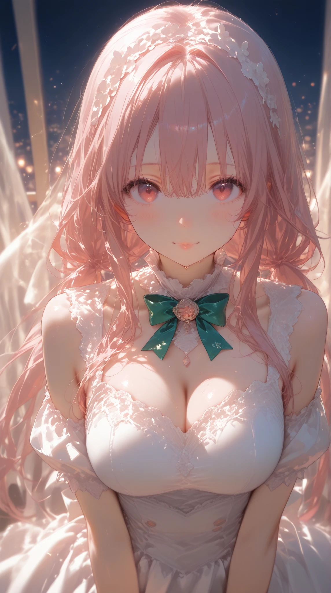 masterpiece, best quality, illustration, (depth of field, bokeh, dynamic lighting:1.3), cinematic lighting, sharp focus, (hyper-detailed, bloom, glow, from side:1.4),
1girl 20yo, cute, beautiful, Noble, delicate facial features, detailed eyes, sharp pupils, realistic pupillue white dress, pink, pink platinum earrings, pink platinum necklace, pink many small gems)),
((cleavage of the breast, very soft breasts:1.35)),