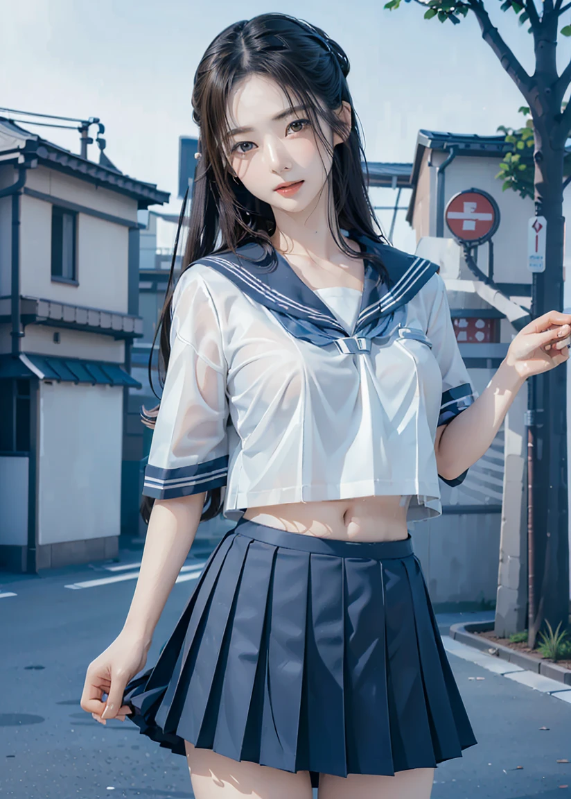 detailed face, cute face, masterpiece, highest quality, Super detailed, figure, Wide-angle, (A girl is walking Under the sea、underwater:1.35), alone, whole wet body, 20th Generation, (wet short Hair,wet blue sailor suit,bow, Calvin Klein wet black stocking:1.25), fashion,, composition, balance, Harmony, rhythm, color, Light, Shadow, reflection, refraction, tone, Contrast, prospect, Middle Way, background, Naturalistic, Figurative, Expressive.、(Droopy eyes, Natural Makeup、Ultra-high definition beauty face:1.15)、(Ultra-high resolution perfect beautiful teeth, Medium chest, Narrow waist, smile:1.15)、Ultra HD Shining Eyes、Super high quality glossy lip