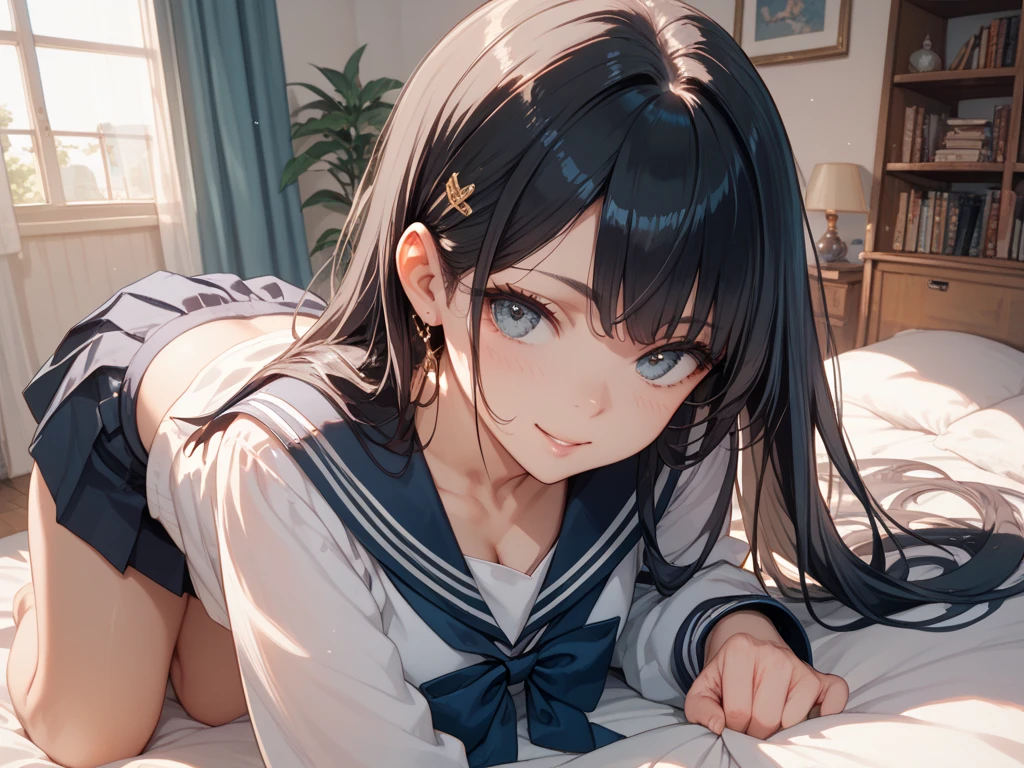 Highest quality(8k)masterpiece、Time is midnight(2.0)Lying on the bed by the window、Clothing is high school uniform(1.8)The night view can be seen from the window(1.8)、A room with very large windows in a high-rise apartment(1.8)The room is dark(2.0)、、One girl、A cat、Very cute、Best Style、Hairstyle(Leave it to us(1.8))The room is typical of a high school girl.(1.8)、There are no curtains、17age、Firm and refreshing々Fresh skin。Plump legs、eye(Super detailed 1.8)Wearing makeup(2.0)、窓から見える夜景はSuper detailed(1.8)