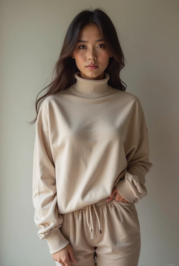 isang babaeng nakasuot ng turtle neck longsleeve na may malaking dibdib na nakatayo lang ng diretso, nakaharap at may tali ang buhok, sexy at maputi at cream kulay ng turtle neck, maayos dapat ang buhok at walang lugay, nakapantalon pero hindi naka-tuck in ang turtle neck, okay na pero dapat nakaharap sya at walang nakaladlad na buhok, medyo chubby pero sexy dapat at hindi naka post naka stand straight lang dalat ang tayo, okay na sana pero wag mo ituck in ang suot nya at ang kamay ay nasa kabilang gilid lamang