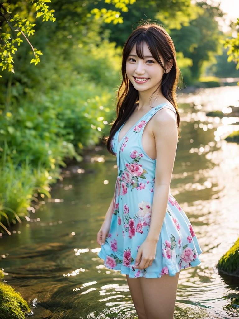 Photo-realistic quality、A Japanese female model wearing a colorful, thin summer dress is running along a stream in the forest., Water is splashing、Cute smile, Japanese Model, Beautiful Japanese Face, Young and cute gravure idol, Cute young woman, Beautiful and smiling, cute beautiful, Real young gravure idol, An innocent smile, beautiful flowing feeling, Young Sensual Gravure Idol, Beautiful cute, Smiling Kindly, ほんのりCute smile、looking at the camera、Detailed and beautiful eyes、Cute smile、A soft and gentle look