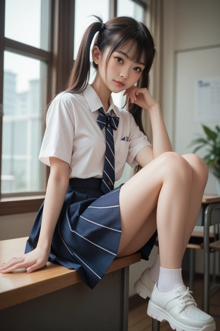 (1young girl), kawaii, (highly detailed Beautiful face), Amazing face and eyes, (Best Quality:1.4), (Ultra-detailed), (extremely detailed CG unified 8k wallpaper), Highly detailed, High-definition raw color photos, Professional Photography, Realistic portrait, twintails, (hi-school uniform, pleated mini skirt:1.3), (hi-school uniform with wide open breasts:1.2), Sitting, (open your legs), cameltoe, depth of fields, School, classroom, (fine face:1.2),
