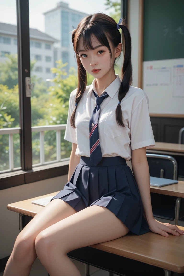 (1young girl), kawaii, (highly detailed Beautiful face), Amazing face and eyes, (Best Quality:1.4), (Ultra-detailed), (extremely detailed CG unified 8k wallpaper), Highly detailed, High-definition raw color photos, Professional Photography, Realistic portrait, twintails, (hi-school uniform, pleated mini skirt:1.3), (hi-school uniform with wide open breasts:1.2), (See-through sheer panties),Sitting, (open your legs), cameltoe, depth of fields, School, classroom, (fine face:1.2),
