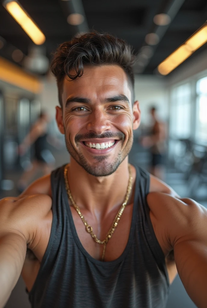 A 22-year-old North African man with a clean shave, short hair, taking a selfie at the gym while looking into the mirror with a charming gaze.