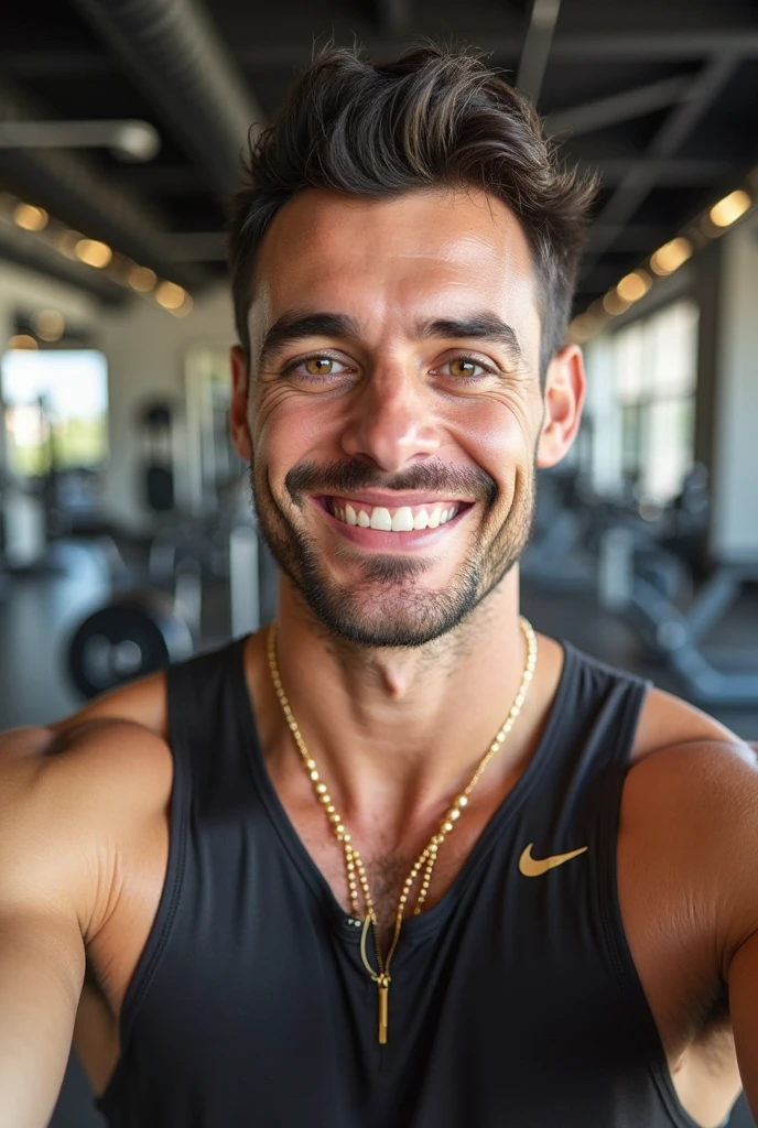 A North African man resembling Amine Harit, clean-shaven with no beard and short hair, taking a selfie at the gym while staring in the mirror with a charming look. 