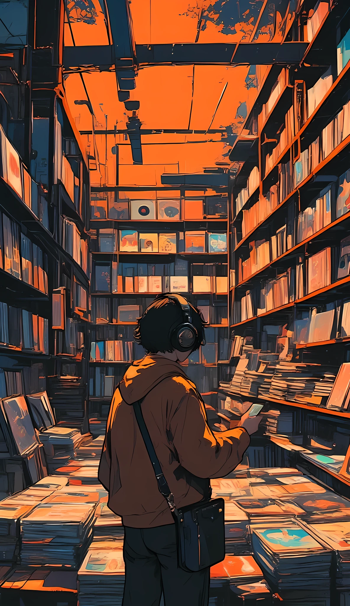 The image depicts a young person standing in front of a large collection of vinyl records in a record store. The person is wearing a brown sweater and large headphones, and they are holding a smartphone in one hand while looking at the records. The shelves around them are filled with various albums, some of which are visible with their covers. The background shows more shelves with more records and some additional items, creating a cozy and nostalgic atmosphere typical of a record store.