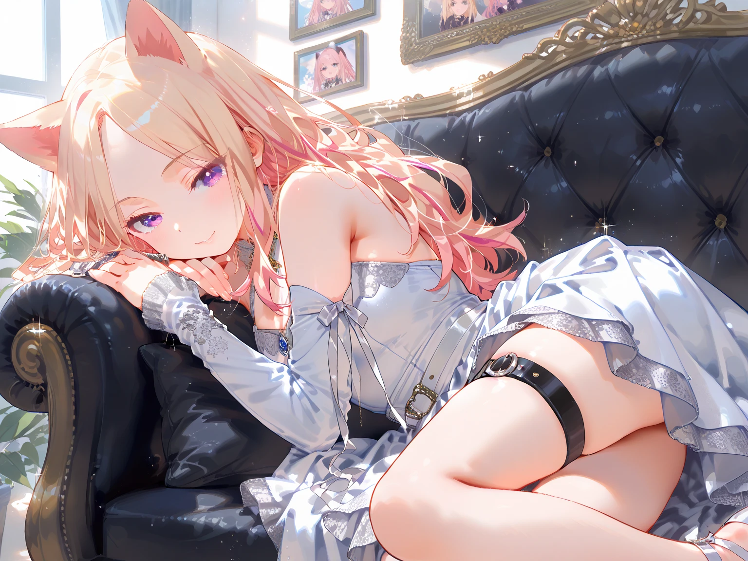 Realistic and detailed image of a girl with cat ears. Dressed in a pajamas. loose shirt and loose minishorts. Unusually shiny long silky blonde hair. blue eyes. Has earrings and long eyelashes. She has full lips, smiling. large breasts, slim waist, very wide hips and thick thighs. profile. arched back. She is sitting in a room with her legs raised up on a bed. snowy night. dark atmosphere. Starry night.