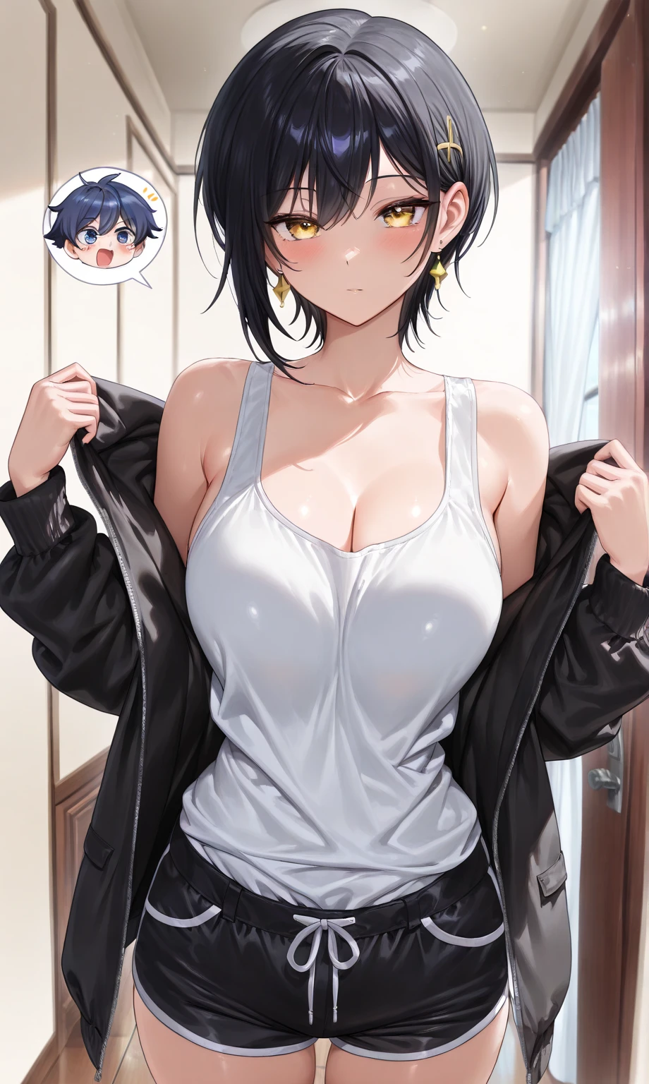 masterpiece, Score_9, Score_8_up, Score_7_up,1 woman, alone, black hair, very short hair, split bangs, gold and orange eyes, half-closed eyes, parted lips, expressionless, pale skin, large breasts, many scars, one scar on one eye, best quality, long open bangs, black sleeveless shirt, black V-neck, baggy pants, high heels