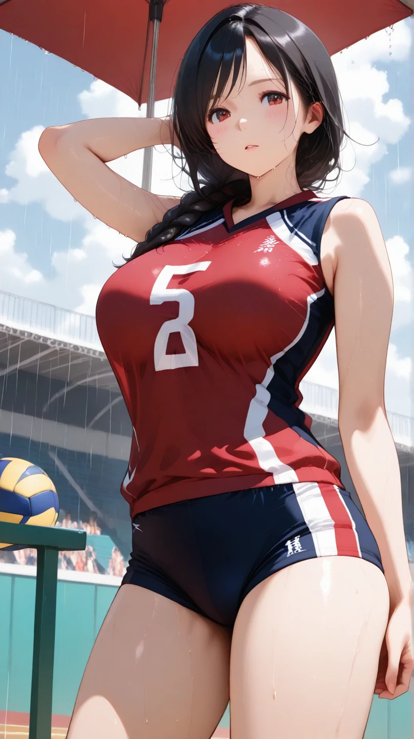 1 Ladies solo, /(Volleyball uniform/), /(dark brown hair/) By bangs, blushing smile, (Masterpiece of the best quality:1.2) Exquisite illustrations and super detailed, Big breastsBREAK /(Indoor volleyball court/),do tai chi,Sunshine Girl