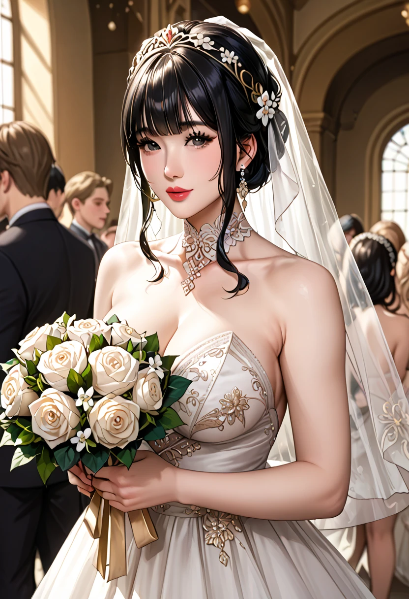 Girl with huge sagging breasts with a sweetheart neckline and a lace neckline ,bridal veil and bouquet 