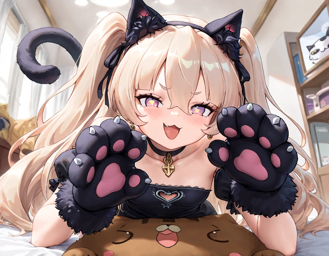anime_source, (masterpiece), best quality, expressive eyes, perfect face, score_9, score_8_up, score_7_up, 1girl, bare shoulders, blush, bra, braid, breasts, cat cutout, cat lingerie, choker, cleavage, cleavage cutout, clothing cutout, medium breasts, collarbone, green eyes, long hair, blonde hair, looking at viewer, meme attire, black attire, navel, panties, plant, pointy ears, potted plant, red choker, side-tie panties, sitting, solo, thighhighs, underwear, animal hands, cat paws, cuffs